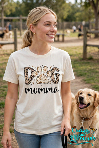 Dog Momma graphic tee on a natural shirt