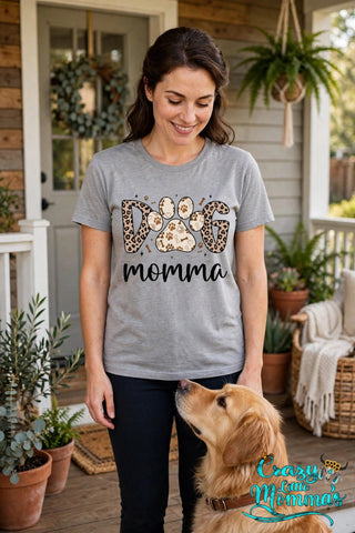 Dog Momma graphic tee on a sport gray shirt