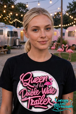 Double Wide Queen graphic tee on a black shirt