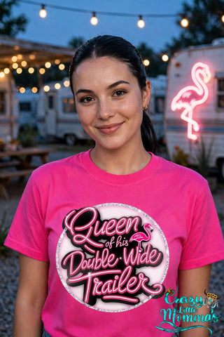 Double Wide Queen graphic tee on a heliconia shirt