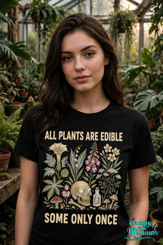 Edible Plants graphic tee on a black shirt