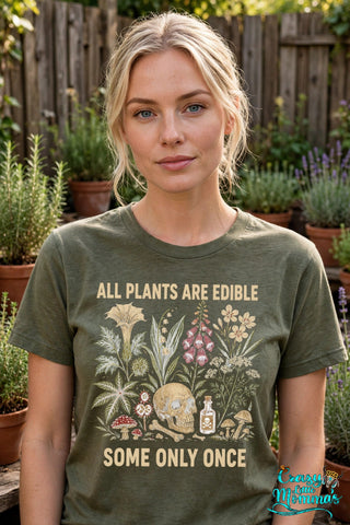 Edible Plants graphic tee on a heather military green shirt