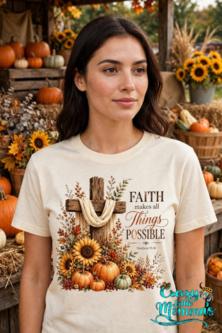 Faith Makes Things Possible graphic tee on a natural shirt