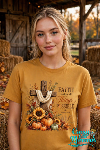 Faith Makes Things Possible graphic tee on an old gold shirt