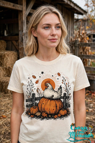 Fall Chicken graphic tee on a natural shirt