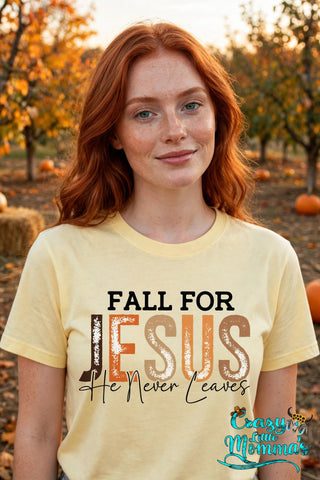 Fall for Jesus graphic tee on a corn silk shirt