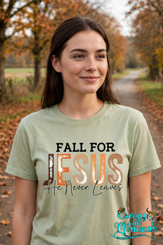 Fall for Jesus graphic tee on a pistachio shirt