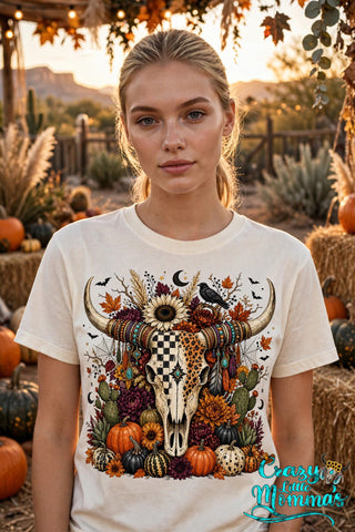 Fall Gypsy Skull graphic tee on a natural shirt