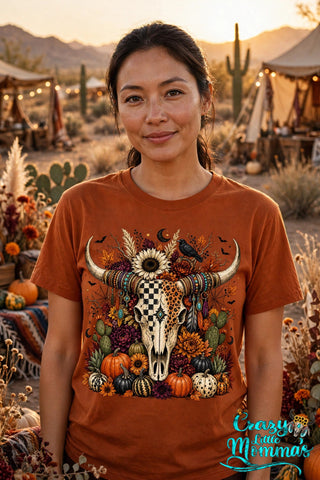 Fall Gypsy Skull graphic tee on a sunset orange shirt