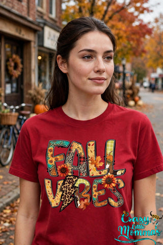 Fall Vibes graphic tee on a cardinal shirt