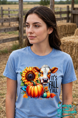 Fall Y'all Cow graphic tee on a Carolina blue shirt