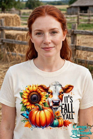 Fall Y'all Cow graphic tee on a natural shirt