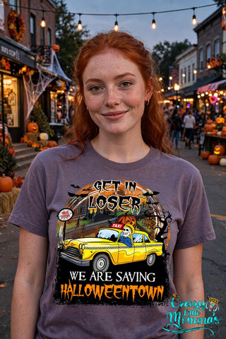 Get in Loser graphic tee on a purple shirt