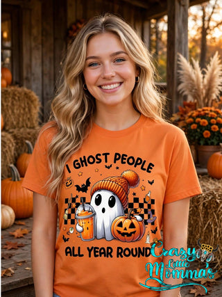Ghost All Year graphic tee on a sunset orange shirt