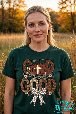God is so Good fall graphic tee on a forest green shirt