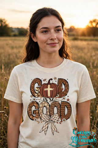 God is so Good fall graphic tee on a natural shirt
