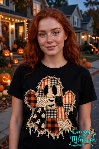 Halloween Ghost graphic tee on a black shirt
