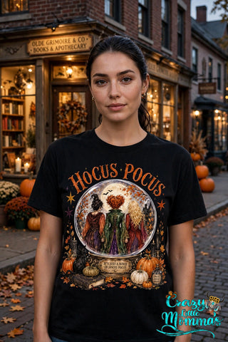 Hocus Pocus Crystal Ball graphic tee on a black shirt