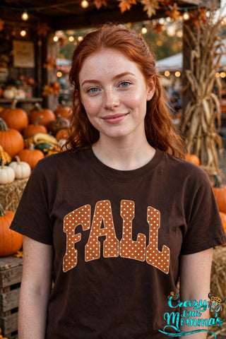 Orange Fall Polka Dots graphic tee on a dark chocolate shirt