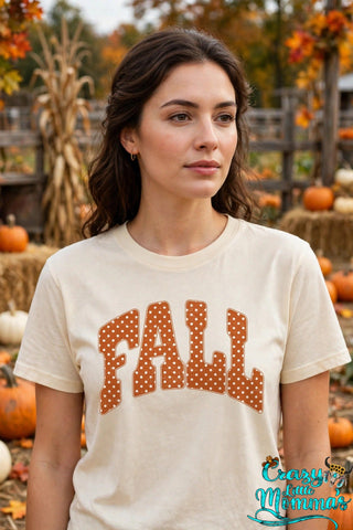 Orange Fall Polka Dots graphic tee on a natural shirt