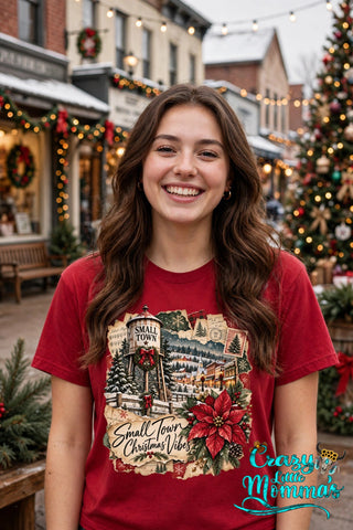 Small Town Christmas Vibes graphic tee on a cardinal red shirt